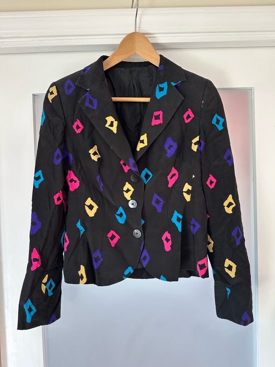 Jackets & Blazers - Black Patterned Women’s Blazer with Multicolor Diamond Print